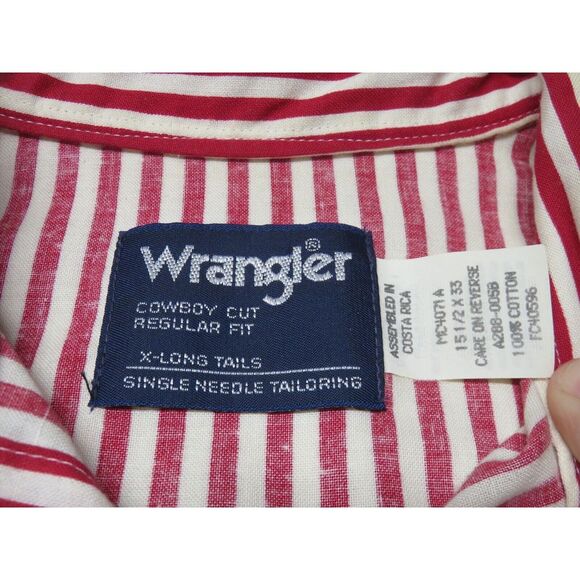 Mens Wrangler Pearl Snap X Long‎ Tails Button Front Shirt Red Candy Cane 15.5 33 - Picture 7 of 10